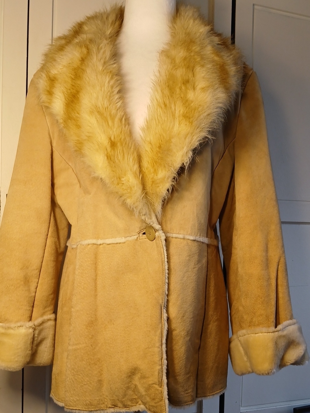 Women's Tan Suede Coat with Faux Fur Trim